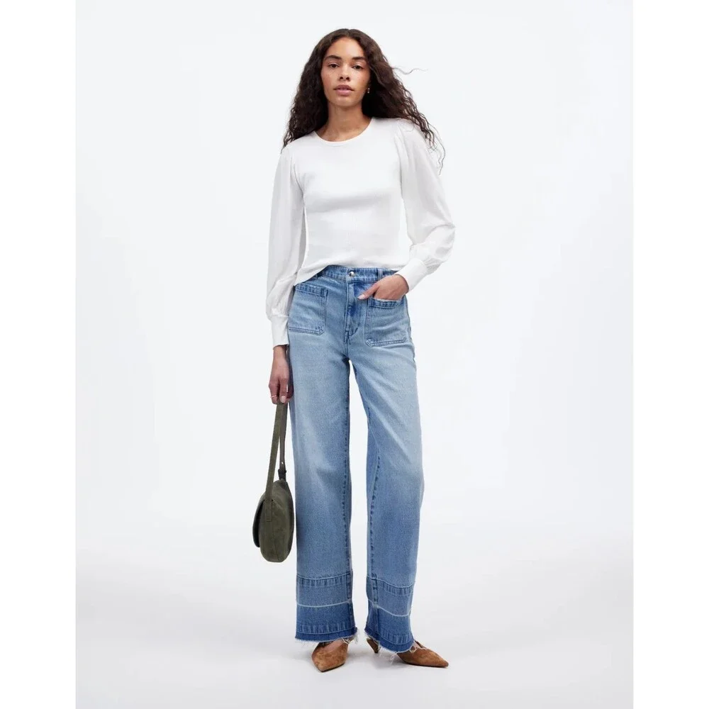 Madewell XXS Ribbed Puff Sleeve Top White 100% Cotton Slim Fit Round Neck NWT